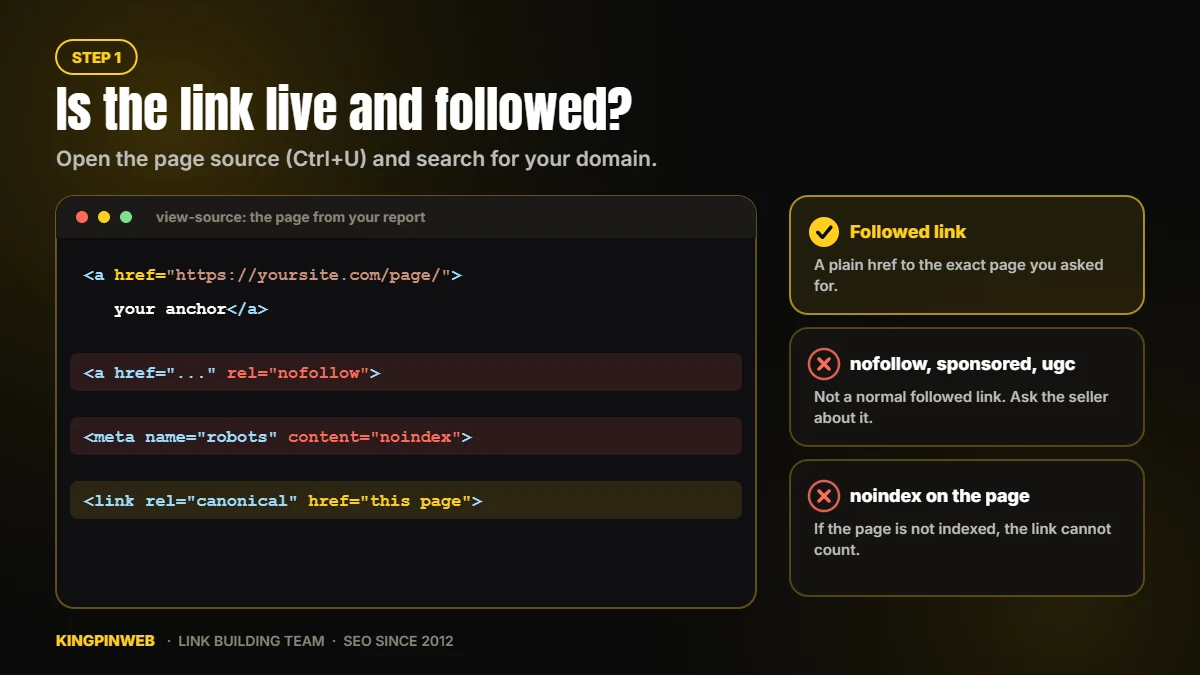 Page source showing a followed link next to a nofollow link, with noindex and canonical checks