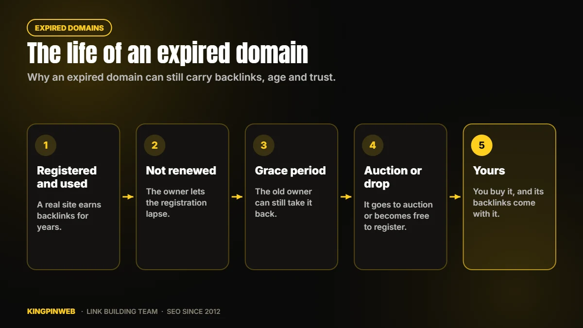 Life of an expired domain: registered and used, not renewed, grace period, auction or drop, bought with its backlinks