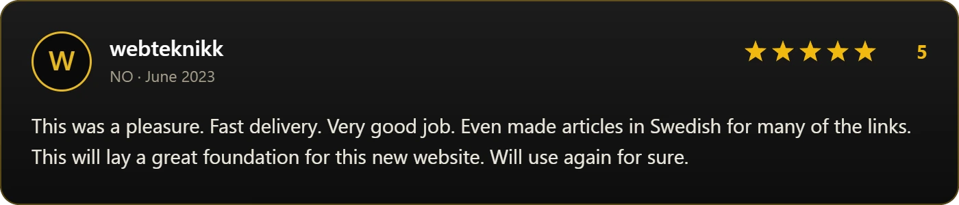 Five-star review from webteknikk, June 2023: Fast delivery, very good job, will use again for sure.