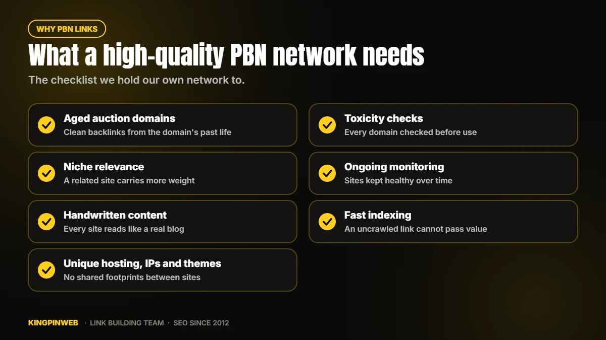 What a high-quality PBN network needs: clean aged domains, relevance, handwritten content, unique hosting, toxicity checks, monitoring, fast indexing What a high-quality PBN network needs: clean aged domains, relevance, handwritten content, unique hosting, toxicity checks, monitoring, fast indexing