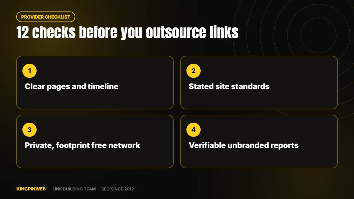 Checklist of twelve points to review before outsourcing link building to a provider
