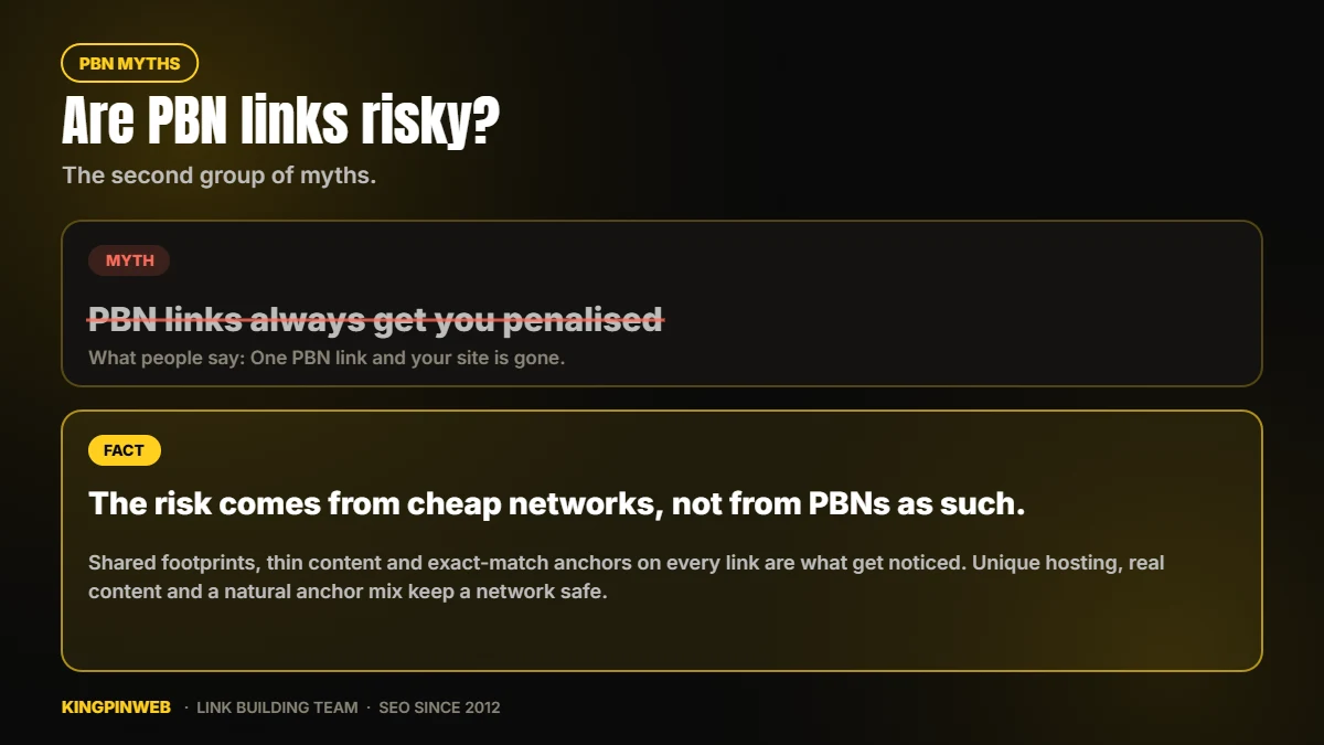 Myth: PBN links always get you penalised. Fact: the risk comes from cheap networks with footprints Myth: PBN links always get you penalised. Fact: the risk comes from cheap networks with footprints
