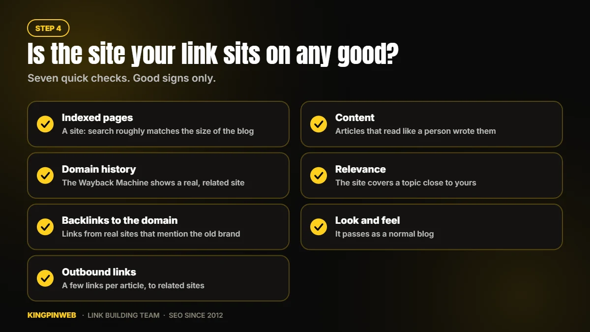 Checklist to judge the site a PBN link sits on: indexed pages, history, backlinks, outbound links, content, relevance, look
