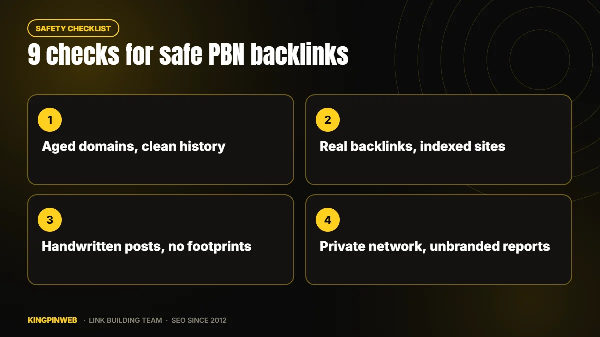 Checklist graphic of the nine checks that separate safe PBN backlinks from risky networks. Checklist graphic of the nine checks that separate safe PBN backlinks from risky networks.